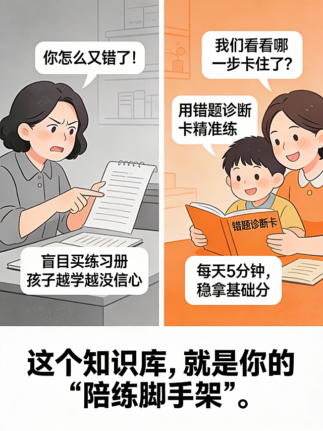 🖼️ 图3：详情图2 —— 解决家长痛点（情感共鸣） 标题： 家长不用懂数学，也能高效陪练！  对比文案（左右布局）： ❌ 以前 ✅ 现在  “你怎么又错了！” “我们看看哪一步卡住了？”  盲目买练习册 用错题诊断卡精准练  孩子越学越没信心 每天5分钟，稳拿基础分   底部金句（居中加粗）： “这个知识库，就是你的‘陪练脚手架’。”  视觉提示： • 左侧灰色调（焦虑情绪），右侧暖橙色（希望感） • 插画：左侧妈妈皱眉指作业，右侧母子一起看错题卡微笑