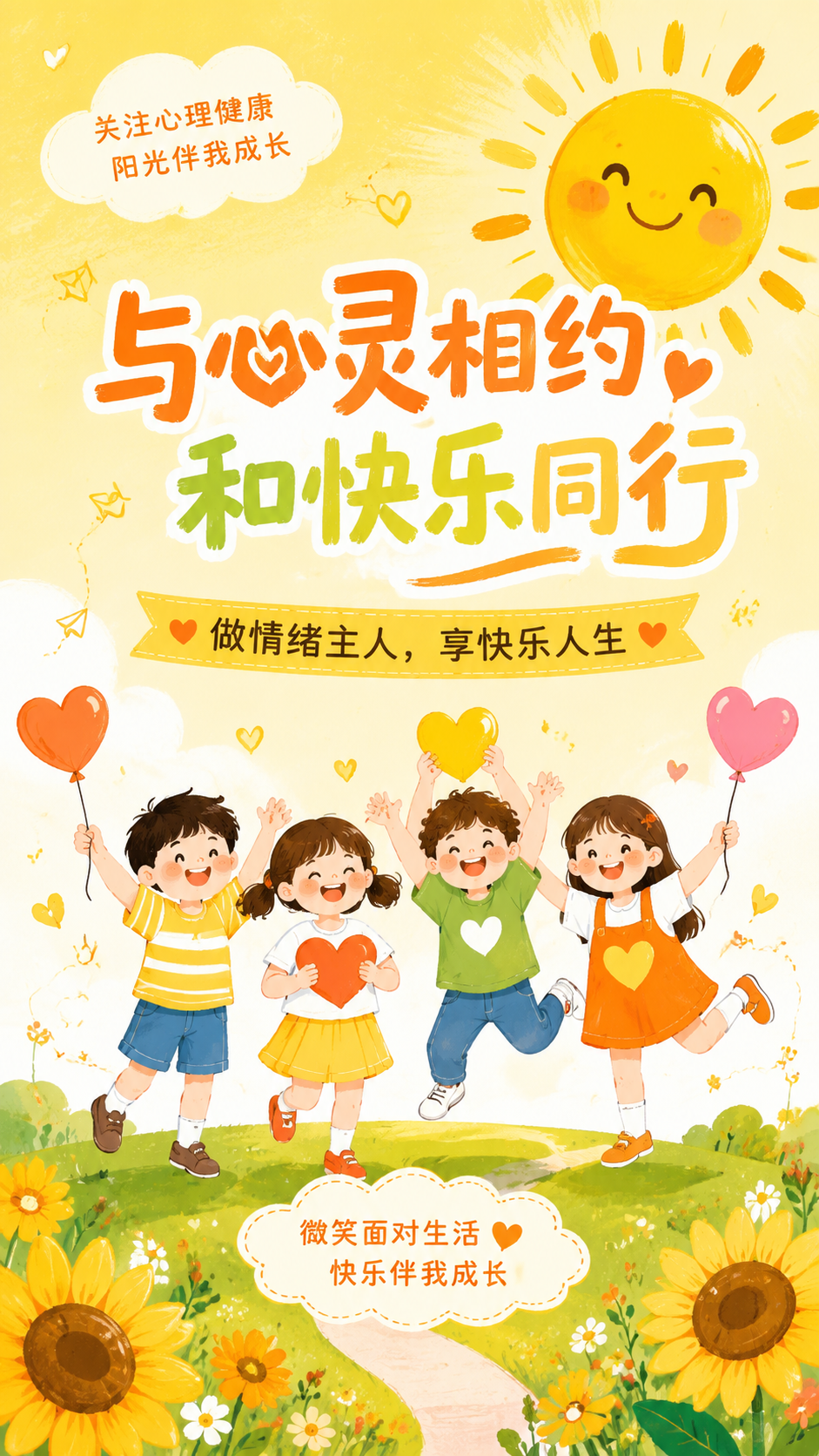 小学生心理健康主题电子海报，主题为"与心灵相约，和快乐同行"，… - 图片创意预览