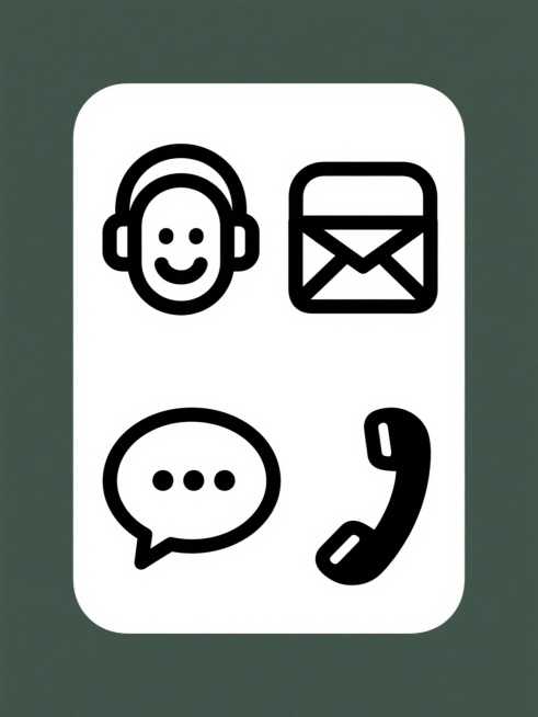 一套4个元素的系列图标集合，每个图标均采用极简主义风格设计，由流畅的黑色粗线条构成，形态简洁概括，无内部填充色，每个元素都具有圆润的拐角处理，整体呈现出友好、现代的视觉感受。第一个图标为戴着耳机的笑脸头像，第二个图标为一个信封形状，第三个图标为一个对话气泡，第四个图标为一个电话听筒。所有图标规整地排列在白色纯色背景上，彼此等距分布，形成一个整齐的方形组合。预览效果