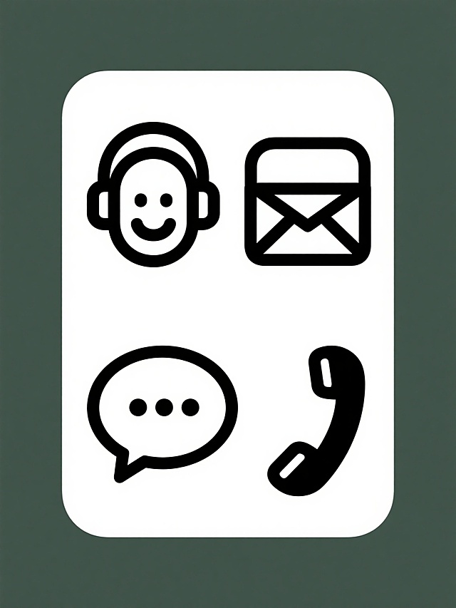 一套4个元素的系列图标集合，每个图标均采用极简主义风格设计，由流畅的黑色粗线条构成，形态简洁概括，无内部填充色，每个元素都具有圆润的拐角处理，整体呈现出友好、现代的视觉感受。第一个图标为戴着耳机的笑脸头像，第二个图标为一个信封形状，第三个图标为一个对话气泡，第四个图标为一个电话听筒。所有图标规整地排列在白色纯色背景上，彼此等距分布，形成一个整齐的方形组合。