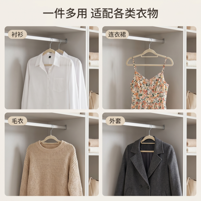 [主图 4] 多场景适用展示，展示衣架适配多种衣物
[氛围风格] 生活化场景，整洁温馨，真实自然
[画质] 商业摄影质感，光线柔和通透，产品清晰真实，画面干净高级
[元素] 宫格分四个场景区域：分别展预览效果
