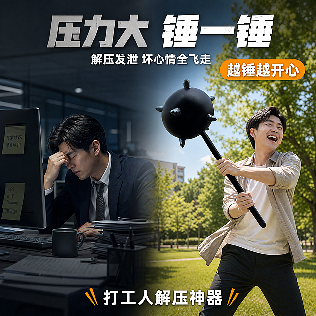 [主图-19] 解压发泄情绪价值图，上班族解压场景。
[氛围风格] 情绪释放解压风，从压抑到释放的对比感，有情绪共鸣。
[画质] 情绪氛围摄影质感、光影有层次、情绪表达到位、画面有张力。
[元素] 画面左右对比构图：左侧是一个上班族（东亚面孔，男性）坐在办公桌前，面对电脑，表情疲惫压力大，色调偏冷偏暗；右侧是同一个人拿着充气狼牙锤在户外草坪上开心地挥舞，表情释放大笑，色调明亮温暖。中间有渐变过渡。**保持充气狼牙锤外观与输入产品图完全一致，杜绝任何变形和色差**。人物表情自然，手持产品姿势合理。画面禁止出现多余的手、畸形手、人物面部扭曲。
[光影] 左侧冷色调办公室冷光，右侧暖色调户外阳光，形成强烈的情绪对比，中间自然过渡。
[配色] 左侧冷灰蓝+右侧暖绿橙黄+酷黑（产品）+活力橙黄（强调）。沿用主图1色板体系，左右对比呈现。
[视角构图] 左右分栏对比构图，左侧压抑右侧释放，产品在右侧画面中，视觉重心偏向右侧释放的快乐。
[文字版式] 顶部大标题粗体字（左灰右白）："压力大 锤一锤"，下方小字："解压发泄 坏心情全飞走"。右侧橙黄色标签白字："越锤越开心"。底部一行文字："打工人解压神器"。文字清晰可读。
[输出要求] 1:1比例，文字清晰锐利，超高清情绪摄影质感。
[负向提示词] 变形，文字错乱，产品图模糊，背景杂乱，水印，电商平台Logo，多余的手，畸形手，人物面部扭曲。