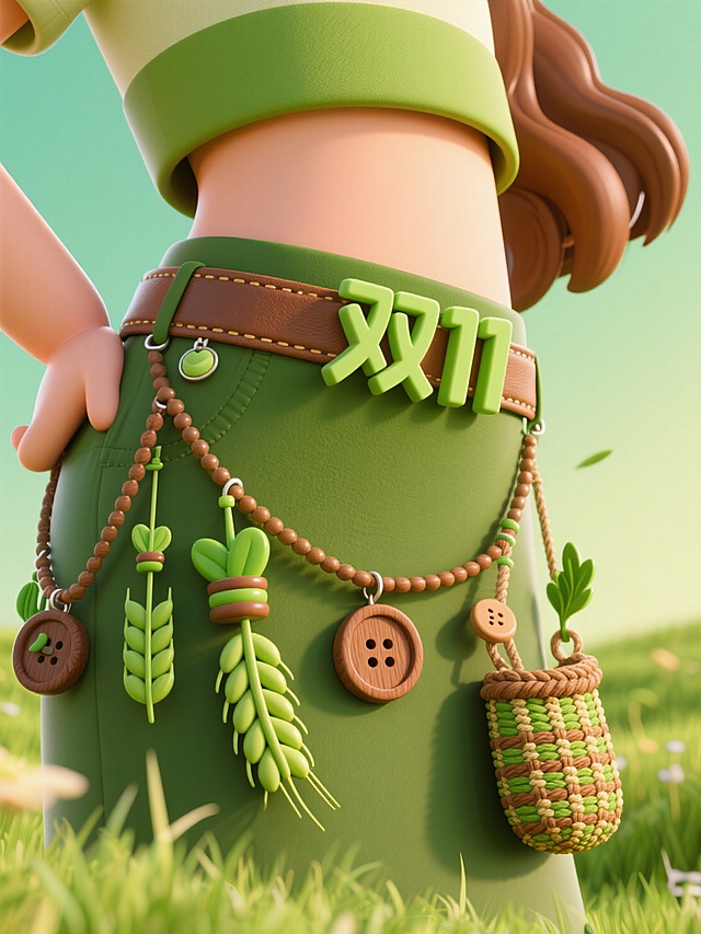 绿色系服饰搭配 “双 11” 腰带，挂着麦穗等田园元素，营造清新购物氛围