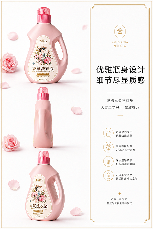 严格还原参考图中的立白大师香氛洗衣液产品图，包括包装设计、颜色、LOGO 位置、文字内容、图案元素等所有细节，产品尺寸：高 30cm，中间最宽直径 20cm，底直径 15cm，尺寸比例保持1:1，整体画面为2:3竖版比例。视觉风格为法式复古文艺风，整体为极简轻奢的纯白背景，搭配浅粉柔影，多角度展示立白大师香氛洗衣液的完整瓶身，包含正面、侧面、带把手视角，背景点缀淡粉色玫瑰花瓣元素，画面干净高级，突出产品的整体设计与瓶身细节。字体设计采用无衬线极简文字搭配哑光细金边框质感，主标题为加粗无衬线字体，副标题为纤细无衬线字体，排版为左右分栏式，左侧为多角度产品图，右侧为文字说明，层次分明。主标题文字内容是「优雅瓶身设计 细节尽显质感」，副标题文字内容是「马卡龙柔粉瓶身 人体工学把手 拿取省力」，多角度展示产品，瓶身光影均匀，背景极简无干扰，突出产品的线条美与包装设计，整体色调统一，高级感拉满。