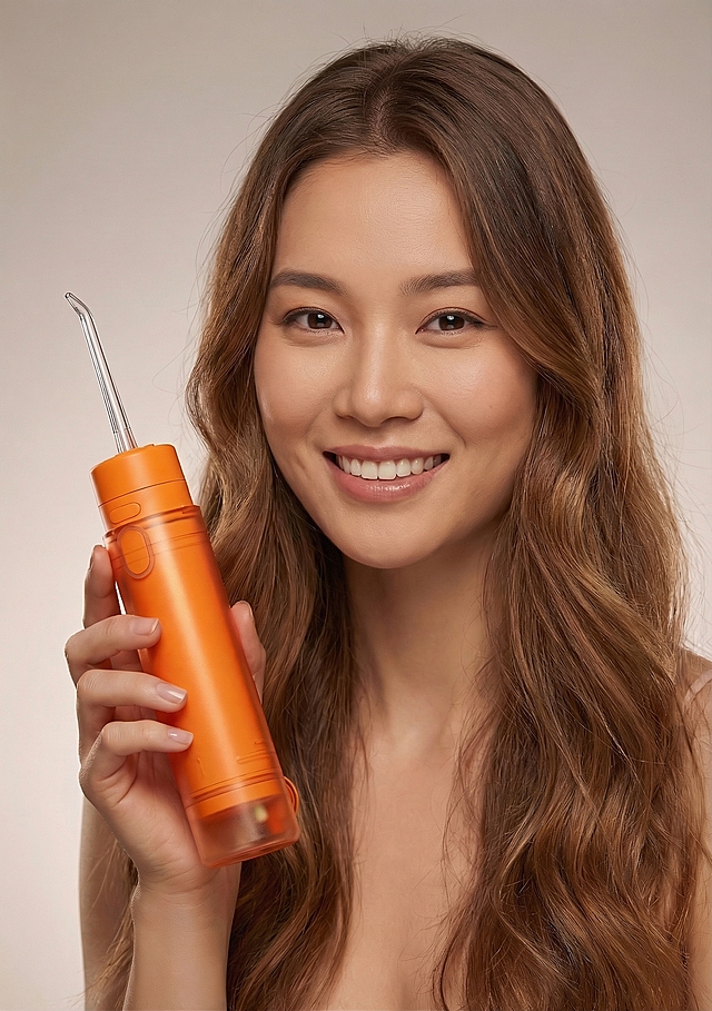 将模特脸部更换为中国女性的脸，面带微笑露出牙齿，保持整体光影自然，产品不变