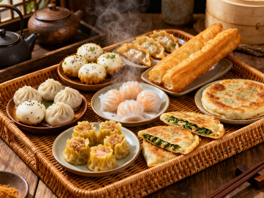 多种香喷喷的中式面点整齐摆放，包含小笼包、生煎、锅贴、虾饺、烧卖、油条、萝卜丝饼、韭菜盒子，面点外观饱满有光泽，部分冒着热气，搭配藤编托盘和古朴餐具，暖黄自然光，烟火气息浓郁，食欲感十足预览效果