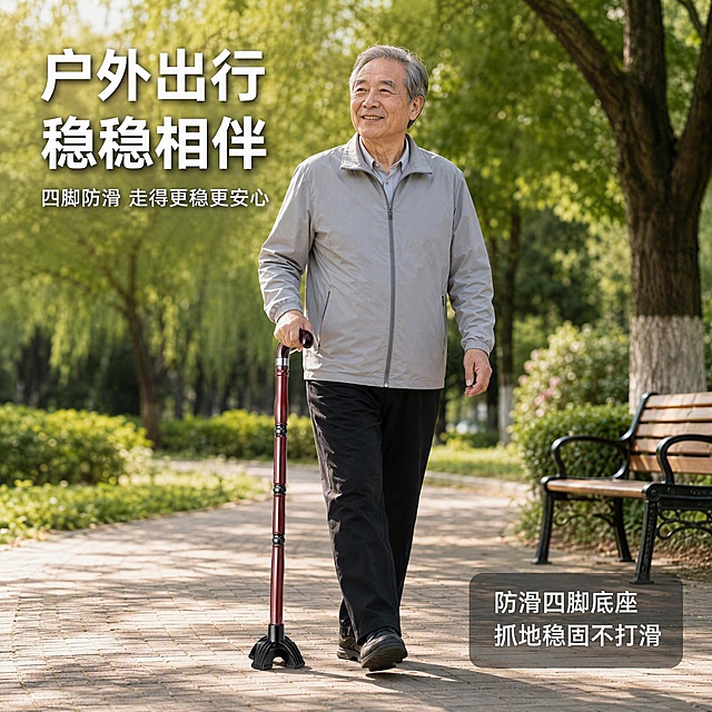 [主图-4] 拐杖真实使用场景图，老人户外公园使用场景。
[氛围风格] 温馨真实的生活场景感，阳光明媚的公园环境，传递安全放心的使用体验。
[画质] 商业摄影质感、光线自然通透、场景真实有代入感。
[元素] 画面展示一位慈祥的中老年男性（东亚面孔，60-70岁，穿着浅灰色休闲夹克、深色长裤），右手握住红木纹拐杖四脚款，在公园铺砖步道上缓慢行走，姿态自然稳健。背景有绿色树木、草地和远处的长椅，阳光透过树叶洒下斑驳光影。拐杖底部四脚稳稳接触地面，展现防滑稳定性。**保持拐杖外观（即物理结构、材质质感、颜色）与输入产品图一致，杜绝任何变形和色差，精细化处理**。拐杖作为重要道具清晰可见，产品占比约30%。画面禁止出现多余的手、多余的手指、畸形手、融合手指、手部扭曲、肢体穿模、人物面部扭曲、关节反折。
[光影] 自然光从左上方照射，温暖明亮，有柔和的树影斑驳；人物和拐杖有自然的投影落在地面，光影真实自然。
[配色] 主色自然绿色系（公园环境）；辅色红木色（拐杖）、灰色（人物衣着）；强调色暖金色（阳光）。
[视角构图] 平视中景构图，人物全身或大半身，场景开阔有代入感；拐杖在人物右手中清晰可见。
[文字版式] 左上角大标题"户外出行 稳稳相伴"，白色粗体大号字，带轻微深色描边确保可读性；标题下方小字"四脚防滑 走得更稳更安心"，白色细体。右下角半透明深灰圆角卡片，内有两行文字"防滑四脚底座"和"抓地稳固不打滑"，白字左对齐。文字现代无衬线字体，清晰可读，不遮挡人物和产品主体。
[输出要求] 1:1比例，文字清晰锐利，超高清商业摄影质感。
[负向提示词] 变形，文字错乱，产品图模糊，背景杂乱，水印，电商平台Logo，多余的手，多余的手指，畸形手，融合手指，手部扭曲，肢体穿模，人物面部扭曲，关节反折。