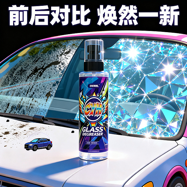 3D卡通风格抖音电商主图，CYH玻璃清洁剂效果对比，左侧是卡通化的有油膜污渍的模糊汽车玻璃，右侧是使用后清澈透亮闪闪发光的玻璃，中间立体放置CYH产品瓶，瓶身标签完整保留CYH和GLASS DEGREASER字样，卡通汽车背景，对比鲜明有趣，画面顶部大字"前后对比 焕然一新"，1:1正方形构图