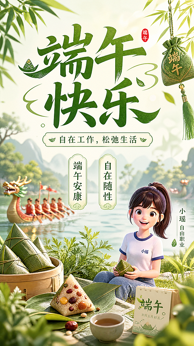 3D卡通清新风格端午节主题海报，自由职业主题，保留小瑶这个3D卡通女孩角色，缩小人物尺寸降低存在感，人物放在画面次要位置，突出主题文字和端午氛围。主标题文字“端午快乐”，副标题文字“自在工作，松弛生活”，装饰文案文字“小瑶 自由职业”，卖点文字“端午安康”“自在随性”。粽叶艾草等端午元素点缀背景，整体排版精美，构图分区明确，文字不遮挡主体，色彩清新自然，9:16竖版，4K超高清