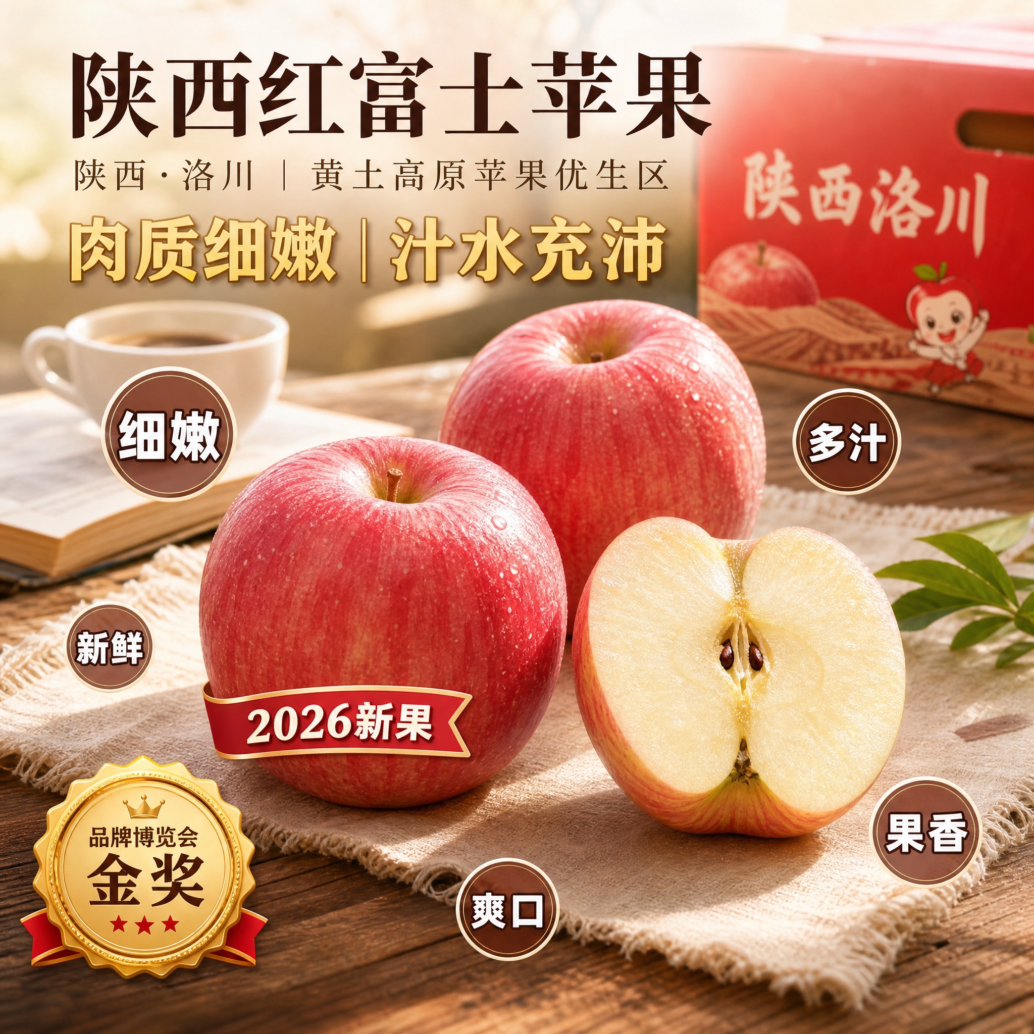[主图-2] 陕西红富士苹果京东生鲜电商主图，老旧木质餐桌场景… - 图片创意预览