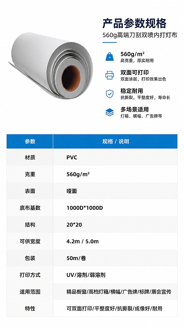 [第6屏] 详情页规格参数收口-560克刀刮灯布完整产品参数表。本屏使用【图1】作为卷材产品侧视展示。
[氛围/风格] 专业参数展示风，纯白底色，清晰表格布局，严谨专业的工业风。
[元素布局] 上半部分左侧为【图1】卷材产品图（约占画面40%），展示产品整体外观，保持卷材形态、颜色、材质与输入图一致；右侧为产品名称和核心规格摘要；下半部分为完整参数表格，左右两列布局，左列参数名，右列参数值；表格有浅灰分隔线，整体清晰规整。
[光影质感] 均匀柔光，产品图干净明亮，表格区域白底黑字，清晰易读。
[配色色系] 全局底色 #FFFFFF（纯白）；主色深灰蓝 #2C3E50；辅助色科技蓝 #3498DB 表头；浅灰色 #ECF0F1 表格隔行底色。
[视角构图] 上下分层，上半部分左图右文，下半部分全宽参数表，阅读动线从上到下。
[文字版式] 版式为上部产品展示+核心信息 + 下部完整参数表。主标题「产品参数规格」，副标题「560g高端刀刮双喷内打灯布」；参数表包含：材质：PVC、克重：560g/m²、表面：哑面、底布基数：1000D*1000D、结构：20*20、可供宽度：4.2m / 5.0m、包装：50m/卷、打印方式：UV/溶剂/弱溶剂、适用范围：精品橱窗/高档灯箱/横幅/广告牌/标牌/展会宣传、特性：可双面打印/平整度好/抗撕裂/成像好/耐用；表头科技蓝底白字，参数名深灰，参数值黑色加粗；文字清晰，表格规整。
[比例分辨率] 9:16 竖版比例，4K 分辨率，文字清晰可辨，高清画质。
[负向提示词] 产品变形，卷材结构错误，水印，文字错乱，文字过小，颜色偏差，背景杂乱。