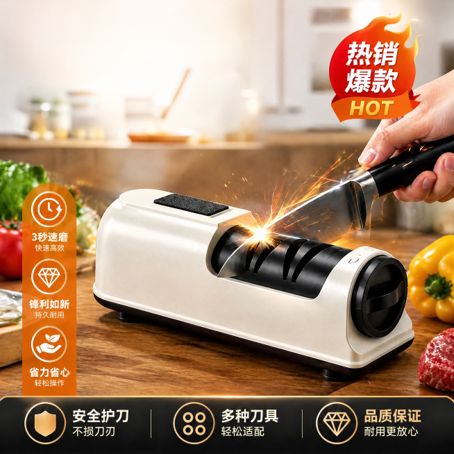 去掉图片上方文字“官方正品 电动磨刀器”，去掉黑色横幅“3秒速磨刀 省力更高效”模块，去掉磨刀器产品机身上的“QiANXI谦惜”文字，保留图片其余内容，输出超清图片，保持文字清晰，图片尺寸比例为1:1预览效果