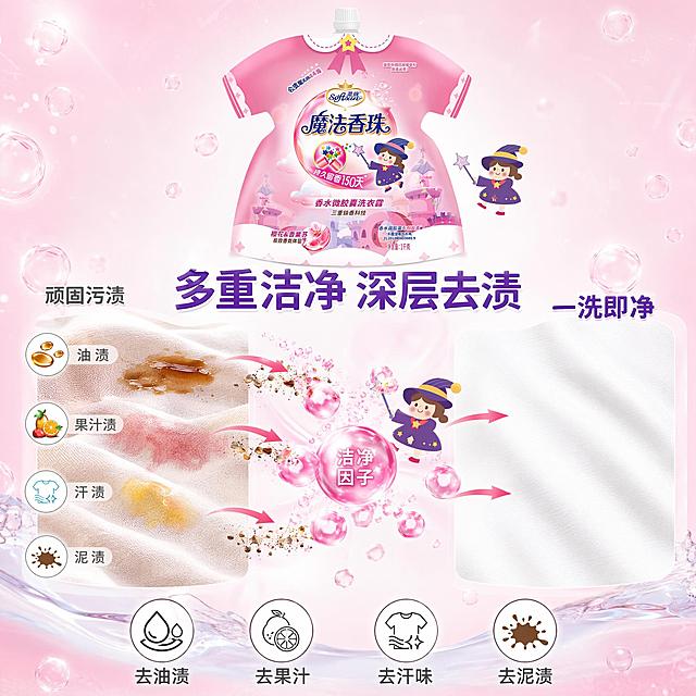 [主图-14] 深层洁净去渍 污渍分解机理图。
[氛围风格] 洁净力量感 轻科技 粉色清爽基调 抖音功效强证明。
[画质] 商业摄影质感 光线通透 产品清晰真实 画面干净高级 超高清细节。
[元素] 画面左侧展示一块有明显污渍的布料 油渍 果汁渍 汗渍等 用不同颜色标注。右侧展示同样的布料经过洗涤后 污渍完全消失 洁净如新。中间是魔法香珠洗衣露的洁净因子可视化 无数微小的粉色清洁酶颗粒包围并分解污渍分子 用动态箭头和爆破效果表示去污过程。产品袋放在画面顶部中央 正面展示 占画面约25%。小女巫IP形象在中间分解区域旁 挥动魔法棒 指挥清洁因子作战。背景为浅粉到白色的渐变 有气泡与水分子元素。保持产品外观 物理结构 材质质感 颜色 包装图案文字与输入产品图完全一致 杜绝任何变形和色差。
[光影] 顶部柔和均匀光 洁净因子有发光效果 整体明亮干净有力量感。
[配色] 主色白色 粉色 辅色蓝色 彩色污渍点缀。
[视角构图] 平视 左右对比 中间机理 产品居顶 画面满屏无边框。
[文字版式] 顶部产品下方大标题"多重洁净 深层去渍" 深紫色粗体大字 居中。左侧标注"顽固污渍" 灰色字配污渍图标。右侧标注"一洗即净" 深紫色粗体字配洁净布料。底部四列小图标加文字 分别是"去油渍" "去果汁" "去汗味" "去泥渍" 图标在上 文字在下 深灰色字。
[输出要求] 1:1比例 文字清晰锐利 超高清商业摄影质感。
[负向提示词] 变形 文字错乱 产品模糊 背景杂乱 水印 电商平台Logo 多余的手 畸形手 人物面部扭曲。