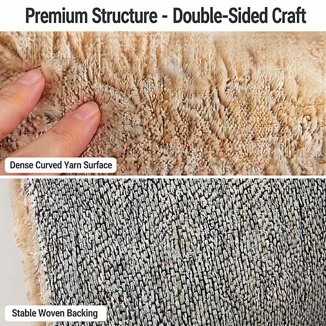 [第6屏] Structure Display - Close-up of surface texture and backing. This screen uses [image3] [image10] as reference for material structure.
[Atmosphere/Style] Detail focused macro photography, professional product showcase, clean background.
[Element Layout] Upper half: macro close-up of carpet surface to show dense curved yarn texture, fingers can be placed to contrast the fine density. Lower half: close-up display of the carpet backing (bottom fabric), clearly show the woven tight backing structure. Keep the original fiber density and backing woven texture fully consistent with input images. Product takes 80% of the screen, prominent detail presentation.
[Lighting & Texture] Diffuse soft lighting, clear fiber texture detail, highlight the three-dimensionality of the surface yarn and the tightness of the bottom weaving, each structure is clearly visible.
[Color Scheme] Global background color: #FFFFFF; main color: original carpet fiber color; text color: #333333.
[Perspective & Composition] Split vertical layout, upper surface detail, lower backing detail, balanced composition, clear focus on both parts.
[Text Layout] Top title "Premium Structure - Double-Sided Craft", bottom label for upper area "Dense Curved Yarn Surface", lower area "Stable Woven Backing", simple text identification, not covering key structure.
[Resolution & Ratio] 15:16 vertical ratio, 1200px width, 1280px height, 4K resolution, text clear and readable.
[Negative Prompt] blurry texture, distorted weaving structure, wrong material, mixed up top and bottom, color cast, garbled text