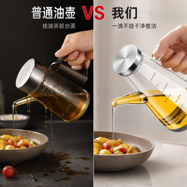 「图片1」，生成一套主图（5「图片1」「图片1」张），商品名称是高硼硅耐高温防挂油，风格是家用厨房适配炒菜拼多多平台，主图比例为1:1预览效果