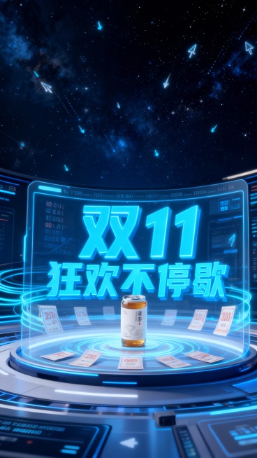 手绘插画，全景视角，一个充满未来感的线上购物界面场景，中央蓝色发光立体大字两排：第一排：“双 11”；第二排：“狂欢不停歇”，各种虚拟的优惠券、弹窗围绕，图片上的商品茶饮在最中间的一个大弹窗中呈现，周预览效果