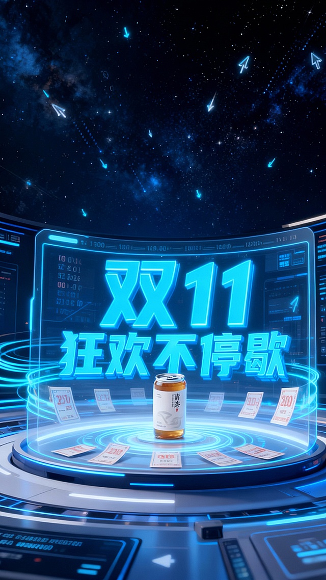 未来感科技风3D海报，霓虹蓝光环绕，虚拟现实界面呈现双11促销主题，粒子特效与动态箭头营造酷炫氛围，产品置于中心舞台，彰显节日狂欢不停歇。