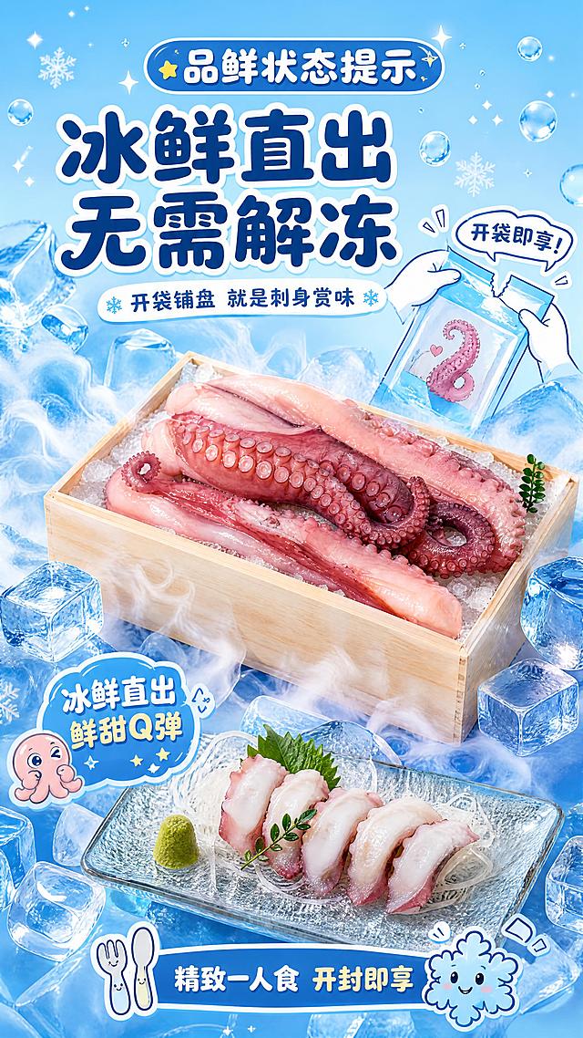 [第6张] 详情页品鲜状态提示页-冰鲜直出开袋即享。本张使用【图1】章鱼足刺身作为产品主体，保持外观一致。
[氛围/风格] 蓝色系可爱卡通冰鲜风，清凉通透，Q萌冰晶气泡元素，新鲜感。
[元素布局] 木盒冰鲜章鱼足置于画面中央，占比约55%，周围环绕卡通冰块、冰晶、冷气烟雾特效，表现冰鲜状态；旁边卡通小手撕开包装袋的插画示意开袋动作；背景冰蓝色渐变，漂浮卡通雪花、冰粒、气泡；底部铺冰盘刺身展示小图。
[光影质感] 冷调柔光，冰面晶莹反光，章鱼足水润光泽，整体清凉通透。
[配色色系] 全局底色 #B3E5FC → #E1F5FE 冰蓝渐变；主色 #0288D1 冰蓝；辅助色白色冰晶、粉章鱼色、浅紫冷气。
[视角构图] 正面微俯视，居中构图，阅读动线顶部提示 → 中央冰鲜产品 → 底部食用说明。
[文字版式] 顶部圆角蓝底白字标题「品鲜状态提示」；主标题「冰鲜直出 无需解冻」圆润卡通粗黑体深蓝色；副标题「开袋铺盘 就是刺身赏味」；底部小字提示「精致一人食 开封即享」配可爱餐具卡通图标；文字清晰不遮挡主体。
[比例分辨率] 9:16 竖版比例，4K分辨率，文字清晰可辨，高清画质。
[负向提示词] 章鱼足变形，颜色偏差，冰感不足，水印，文字过小，人物出现。