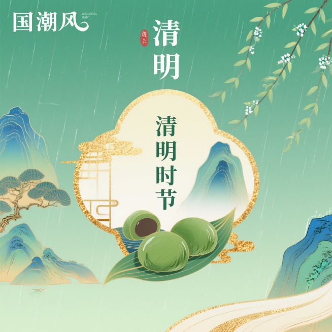 国潮风格清明节海报，清新绿色调，有青山、细雨、青团元素，带有文字"清明时节"，整体氛围宁静肃穆又充满春天气息预览效果