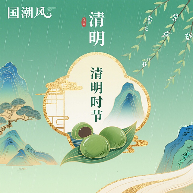 国潮风格清明节海报，清新绿色调，有青山、细雨、青团元素，带有文字"清明时节"，整体氛围宁静肃穆又充满春天气息