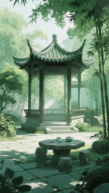 古风，绿色，庭院亭子，不要人，二次元，细节丰富，生成4张预览效果