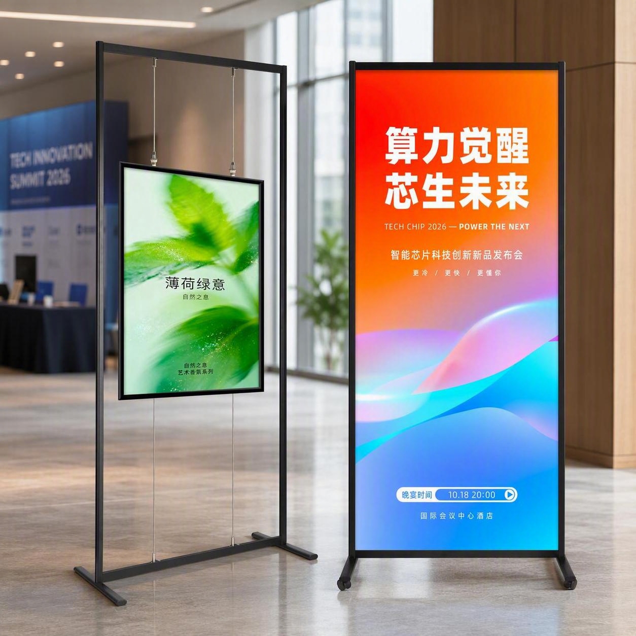 将图中两个展架的白色背景替换为现代简约的会议展厅场景背景，保持… - 图片创意预览