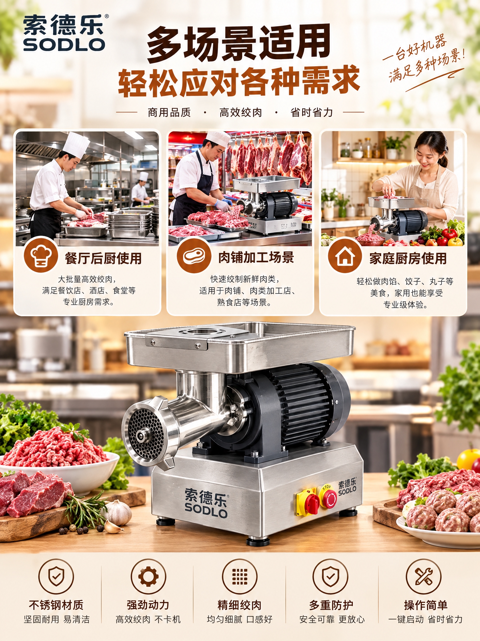 电商详情页使用场景图，3:4竖版比例，索德乐商用绞肉机多场景应… - 图片创意预览