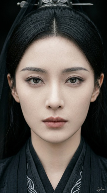 东方古风冷艳女性正面肖像，超近景贴脸特写，人物正面面对镜头，头部端正，视线直视镜头，脸部几乎充满画面，构图集中，双眼位于视觉中心，整体呈现强烈的人脸主导感。人物气质清冷神秘克制危险，黑衣侠女门派高手，预览效果