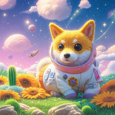 一只黄色柴犬穿着白色宇航服，耳朵从宇航头盔中露出来，粉色红晕，呆萌的豆豆眼。身穿银色和白色的宇航服，服装上有潮流贴纸的刺绣，精致，悬浮在空中；背景是渐变蓝色天空，白云，繁心点点，星球，星星悬浮在周围，预览效果