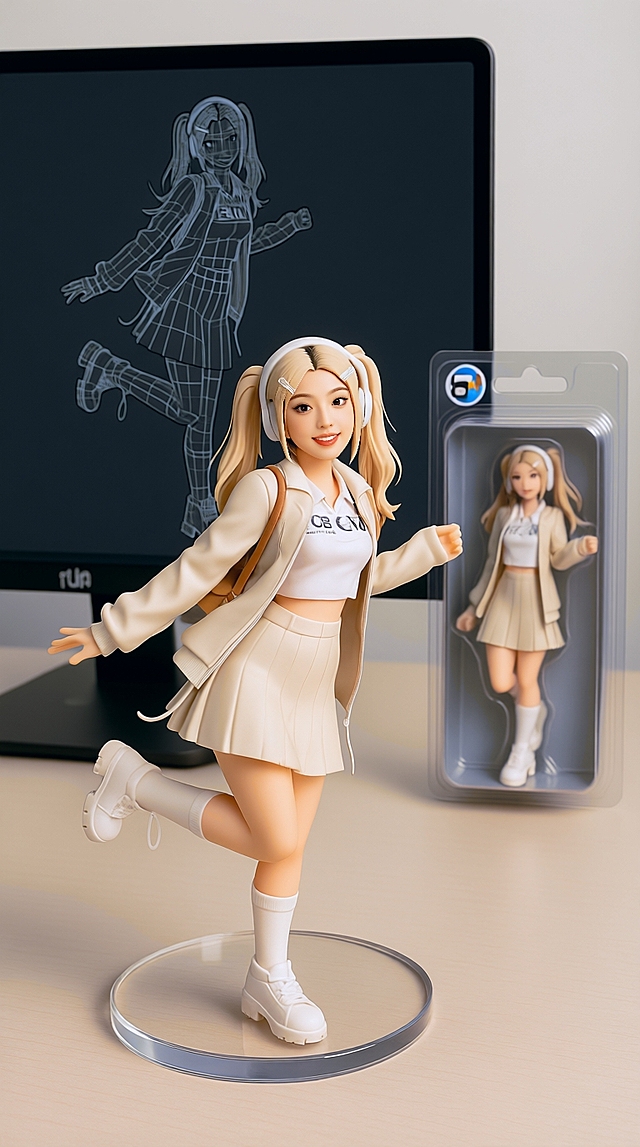 软3D风卡通少女，甜美感十足，动态姿态展现青春活力，设计细腻生动。