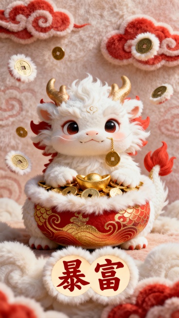 软萌貔貅宝宝，雪白色长毛质感，嘴角挂着金币，肚子鼓囊囊装满元宝，周围飘着带毛绒边的铜钱，背景是淡红色祥云（毛绒纹理），眼神无辜可爱，红金渐变暗纹，下方有 “暴富” 圆润艺术字预览效果