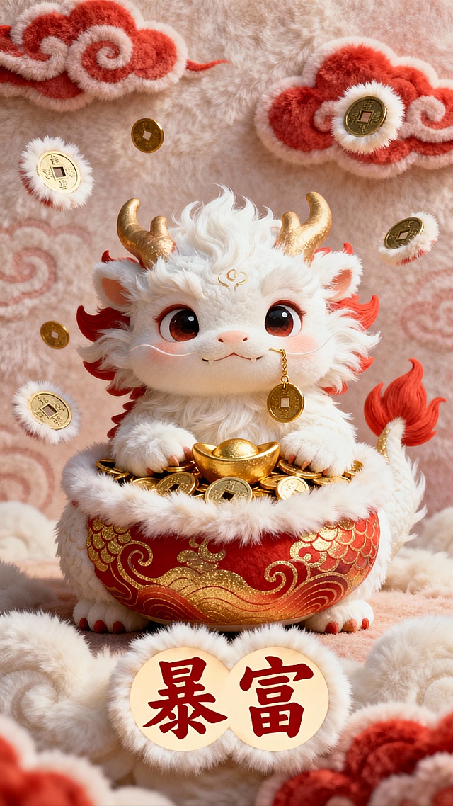 软萌貔貅宝宝，雪白色长毛质感，嘴角挂着金币，肚子鼓囊囊装满元宝，周围飘着带毛绒边的铜钱，背景是淡红色祥云（毛绒纹理），眼神无辜可爱，红金渐变暗纹，下方有 “暴富” 圆润艺术字