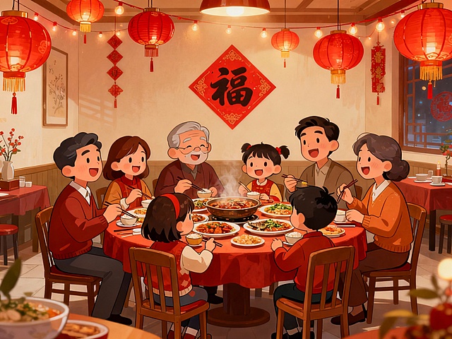 新年餐厅吃饭，卡通手绘插画