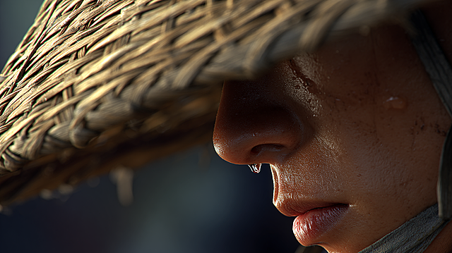 Cinematic close-up, side profile of an East Asian coachman wearing a bamboo straw hat. The brim of the hat is pressed low, shadows cover his eyes, only revealing his tight jawline. A crystal-clear drop of sweat slides down his wheat-colored skin. The laughter of fairy phantoms around him becomes visible sound waves vibrating in the air. Cool color palette, ultra-realistic skin texture and bamboo weaving hat texture, 4K