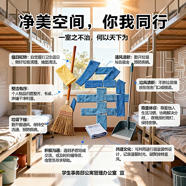 主标题：净美空间，你我同行
这幅海报聚焦寝室卫生的日常保持与集体责任。

副标题：一室之不治，何以天下为
核心画面：海报中央是一个由扫把、抹布、垃圾铲等清洁工具拼合而成的“净”字。背景是阳光洒入的整洁寝室抽象线条图。
具体指引（排列在“净”字周围）：

值日轮转：自觉履行卫生值日，做好垃圾清理、地面清洁。

整洁有序：个人物品归置整齐，书桌、床铺干净利落。

通风清新：勤开窗通风，保持空气流通，预防疾病。

垃圾下楼：不将垃圾堆放在宿舍门口或楼道。

底部落款：学生事务部公寓管理办公室 宣

尊重体谅：尊重他人生活习惯，协商解决分歧，夜晚按时熄灯、保持安静。

积极沟通：遇到矛盾坦诚交流，或及时向辅导员、宿管员寻求帮助。

共建文化：可共同进行寝室装饰设计，记录温馨时光，凝聚独特室风。

底部落款：学生事务部公寓管理办公室 宣    注意生成过程中内容要准确，不能有错别字