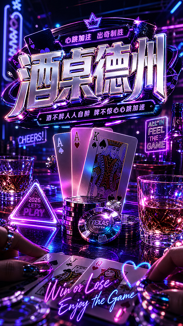 酒桌德州主题海报，采用2026年流行的复古未来主义Y2K风格，霓虹金属渐变，表现酒吧酒桌竞技扑克的刺激氛围感，融入扑克牌、筹码、酒杯、灯光元素，主标题“酒桌德州”醒目，营造心动紧张又欢乐的社交氛围，竖屏手机海报比例