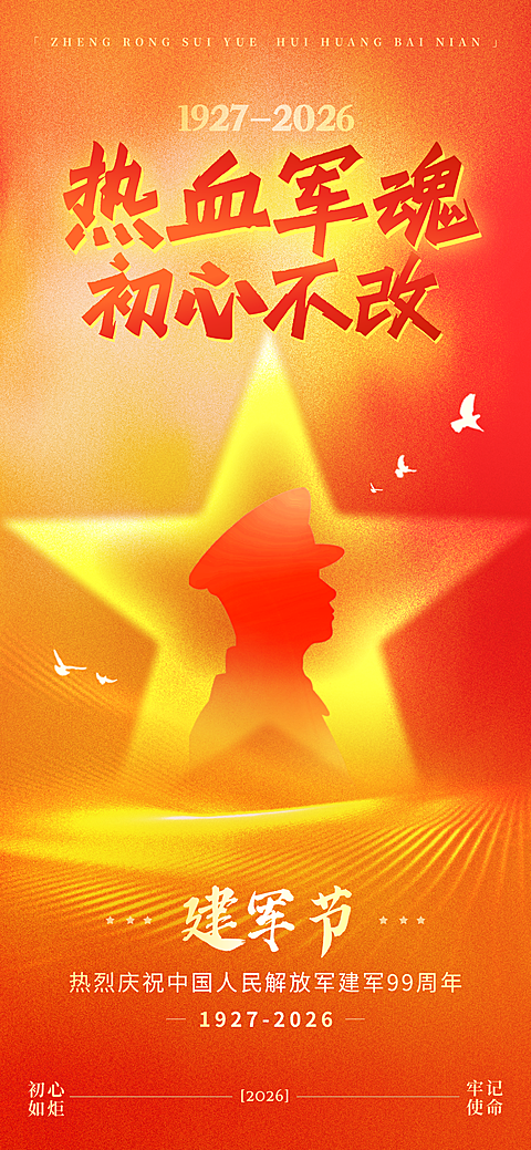 八一建军节祝福政务感光影感红金风全屏竖版海报