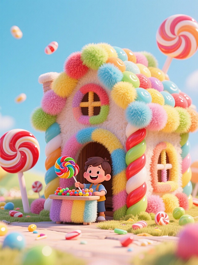 彩色棒棒糖果屋 小男孩在卖糖果