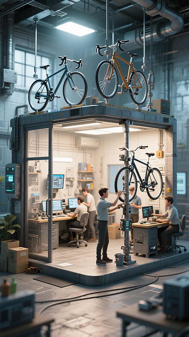 微缩场景。主体是一个工业风工作室，内部设置操作台和工作人员，工作室半敞开。周围有悬挂自行车的支架，一个工作人员正在支架旁边检修。明亮的趣味科技氛围。
