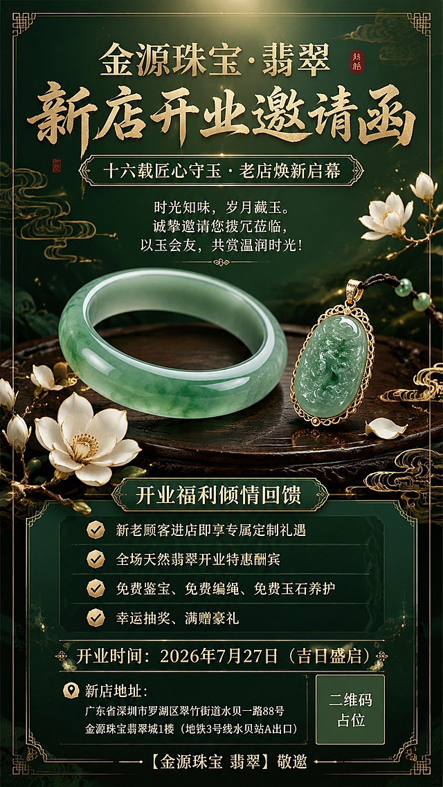 国风新中式工笔风格的翡翠珠宝店开业邀请函海报，竖版9:16，温润典雅、喜庆大气。画面主视觉为一枚通透温润的翡翠玉镯与翡翠吊坠，置于深色木纹台面上，周围点缀淡雅玉兰花、祥云纹样与金色描边，背景为深墨绿渐变底，叠加淡金色云纹暗纹，顶部有柔和光晕洒落，整体氛围温润如玉、高端雅致。

画面文字排版精美，层级分明：
顶部主标题大字："金源珠宝·翡翠 新店开业邀请函"
副标题："十六载匠心守玉・老店焕新启幕"
中部邀请语："时光知味，岁月藏玉。诚挚邀请您拨冗莅临，以玉会友，共赏温润时光！"
福利区标题："开业福利倾情回馈"
福利四条（带金色对勾图标）：
"✅ 新老顾客进店即享专属定制礼遇"
"✅ 全场天然翡翠开业特惠酬宾"
"✅ 免费鉴宝、免费编绳、免费玉石养护"
"✅ 幸运抽奖、满赠豪礼"
底部时间信息："开业时间：2026年7月27日（吉日盛启）"
地址区域："新店地址："（预留雅致展示位）
最底部落款："——【金源珠宝 翡翠】敬邀"

配色以深墨绿、祖母绿为主色调，搭配烫金、米白点缀，字体为典雅宋体与书法体结合，文字清晰可读。四周留足安全边距，版式精美对称，仪式感强。

画面中所有数字必须精确渲染，不得错位、遗漏或编造。
画面中所有信息区域、福利条目必须填充完整合理的内容，不得出现空白框、空白占位、横线待填写区域、空列表项。
画面中所有二维码区域使用纯色方块占位符呈现，方块中央标注"二维码占位"文字，严禁生成任何可识别的二维码图案。
