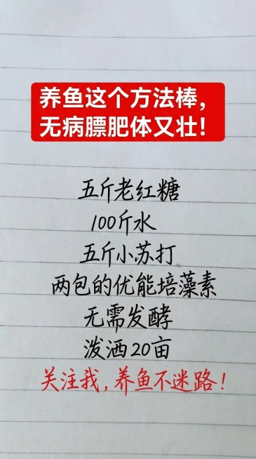基于原图背景风格（带横线的笔记本纸张），替换全部文字内容，排版和字体颜色和原图保持一致：顶部红色白底框白色粗体大字写"养鱼这个方法棒，无病膘肥体又壮！"，中间黑色手写字体依次为五斤老红糖，100斤水，预览效果