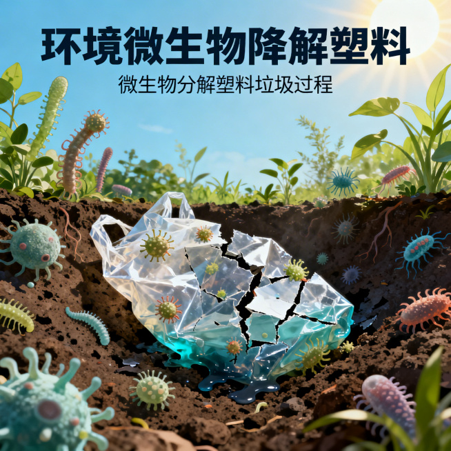 环境微生物降解塑料，展示微生物分解塑料垃圾的场景，自然环境治理环保主题科普插画预览效果