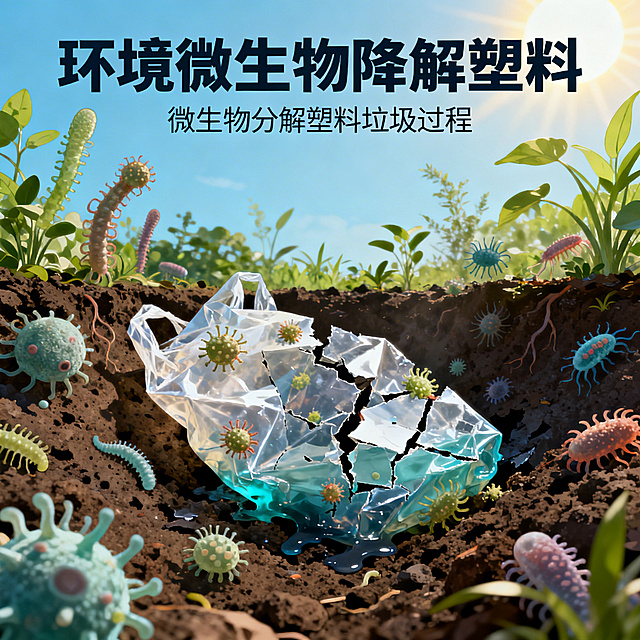 环境微生物降解塑料，展示微生物分解塑料垃圾的场景，自然环境治理环保主题科普插画