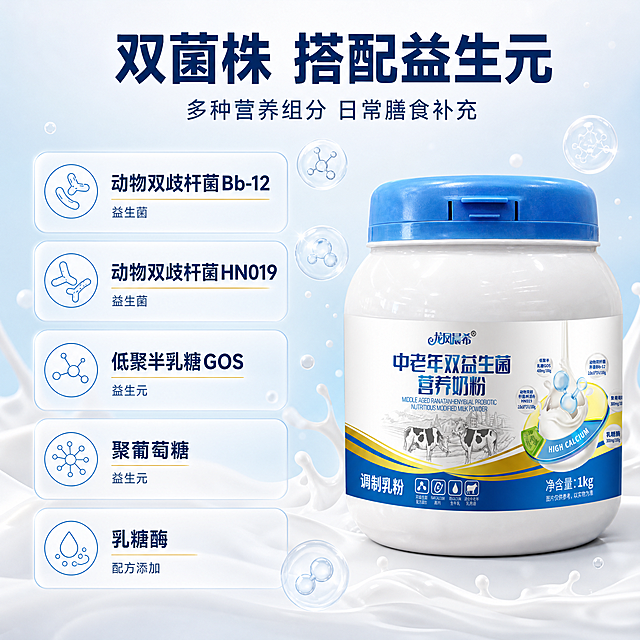 [主图-3] 龙凤晨希 中老年双益生菌营养奶粉 淘宝天猫配方成分图 唯一任务是讲清双菌株与益生元的具体组合
[统一基调] 清透蓝白科学营养风 背景主色为浅天蓝到乳白的清透渐变 标题字色深藏蓝 辅助字色中灰蓝 强调色暖金 标题与说明文字统一使用同一款无衬线粗黑体 只用字号层级区分 信息卡为白色半透明圆角卡片配极细浅蓝描边 图标为浅蓝线性圆形图标 整体干净通透 不使用厚重色块底板
[画面] 左右分栏结构 右侧约三分之一画面放输入图中的1kg大罐奶粉 平视正视 高度约占画面百分之六十 罐体蓝色翻盖 奶牛彩绘标签 蓝色腰封与净含量1kg字样保持与输入图完全一致 左侧约三分之二放竖向排列的五枚白色半透明圆角信息卡 每枚卡片左侧为浅蓝线性圆形图标 右侧为名称 自上而下依次为 "动物双歧杆菌Bb-12" "动物双歧杆菌HN019" "低聚半乳糖GOS" "聚葡萄糖" "乳糖酶" 卡片按信息层级归组 前两项下方标注小字 "益生菌" 第三第四项下方标注小字 "益生元" 第五项下方标注小字 "配方添加" 卡片背后是缓慢上升的乳白奶雾与清透球形气泡 画面中部悬浮数枚透明营养粒子 与卡片图标形成呼应 不出现胶囊或药片形象
[光影质感] 柔和影棚柔光加清透背光 卡片有轻微投影与玻璃感边缘 产品罐体有细腻高光与真实接触影 整体通透不脏不闷
[配色] 沿用统一基调 奶白与浅蓝渐变作底 暖金只用于关键强调
[文字版式] 沿用统一基调字体与字色 上方主标题 "双菌株 搭配益生元" 深藏蓝粗黑体 下方辅助小字 "多种营养组分 日常膳食补充" 横排 词组之间空格或断行 不用逗号 名称不缩写不改写
[输出要求] 比例1:1 中英文字符清晰无错字 图标线条干净 产品结构准确
[负向] 变形 错字 模糊 杂乱 水印 平台Logo 悬浮 穿模 药丸 药瓶 医疗场景 绝对化用语