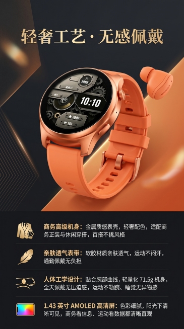 电商详情页机身工艺&佩戴质感展示页面，主视觉展示橙色款Aipower产品细节特写，包含表身、表带和耳机，顶部大标题“轻奢工艺・无感佩戴”，分点介绍：商务高级机身：金属质感表壳，轻奢配色，适配商务正装与预览效果