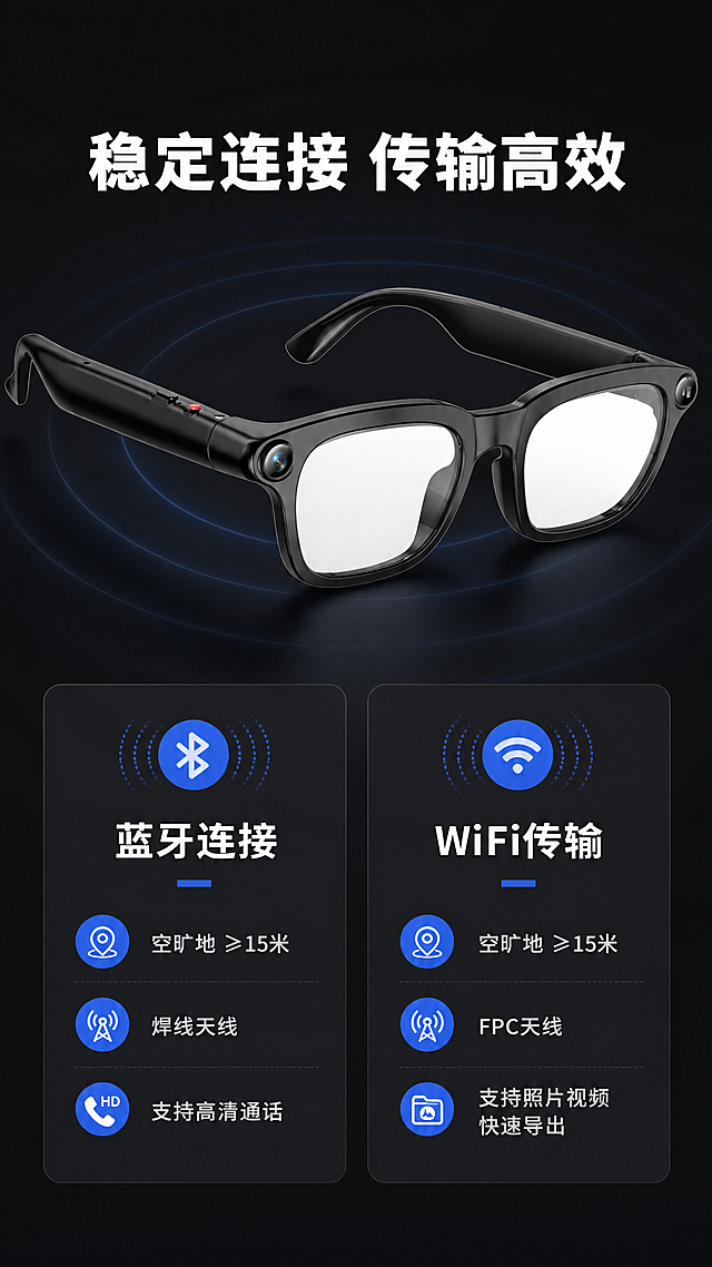 [第6屏] 连接性能测试-蓝牙WiFi传输能力展示。
[氛围/风格] 数据化科技展示，黑灰背景，信号波纹可视化，专业理性。
[元素布局] 本屏使用【图1】作为产品主体，产品放在画面上半部分，下半部分分两个数据卡片，分别展示蓝牙和WiFi参数，保持产品外观与原图一致。背景添加淡淡的信号波纹装饰元素，不干扰主体。
[光影质感] 产品左上主光，信号波纹使用浅蓝色低透明度发光效果，卡片区域均匀柔光，数据文字清晰突出，整体层次分明。
[配色色系] 全局底色：#121214；卡片背景：#1E1E22；信号波纹：#2563EB1A；文字白：#FFFFFF；说明浅灰：#BBBBBB；蓝色点缀：#2563EB。
[视角构图] 上下结构，上产品下双卡片并排，产品占比约45%，数据卡占比约50%，布局均衡，信息直观。
[文字版式] 顶部标题「稳定连接 传输高效」白色粗体居中。左侧蓝牙卡片标题「蓝牙连接」参数：空旷地≥15米，焊线天线，支持高清通话；右侧WiFi卡片标题「WiFi传输」参数：空旷地≥15米，FPC天线，支持照片视频快速导出；每个卡片标题加粗，参数分点排列，文字清晰不拥挤。
[比例分辨率] 9:16 竖版比例，4K分辨率，文字清晰可辨，超高清。
[负向提示词] 产品变形，结构错误，文字错乱，颜色偏差，信号波纹过亮，背景杂乱。