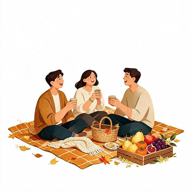 参考图的扁平插画风格，暖色调肌理质感，几何块面画风。秋分时节和亲友出门小聚的人物形象，独立png透明底，两三位好友围坐在一起聊天说笑，氛围温馨愉快，穿着秋装，扁平插画风格，暖秋配色，肌理质感，与参考图画风一致，人物造型简洁，透明背景