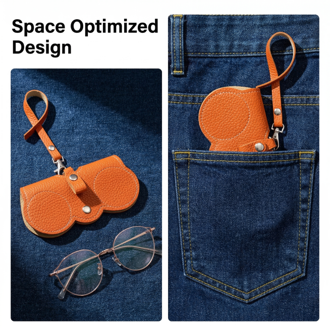 保持橙色皮质眼镜包产品完全不变，欧美跨境电商场景，商业摄影风格，硬光高对比度，真实材质还原，切片式排版效果，产品完整不被裁切，左上角突出英文标题“Space Optimized Design”，突出空预览效果