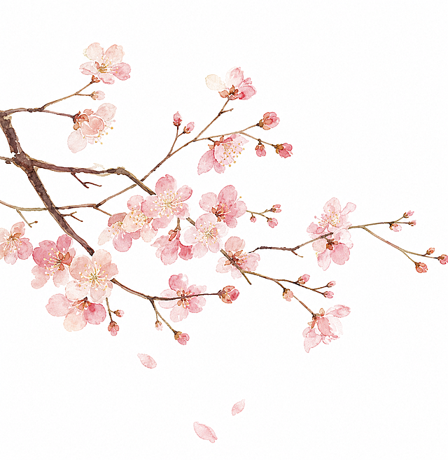 参考原图水彩国风风格，重新生成桃花花枝画面，保留淡雅粉色水彩质感，白色背景