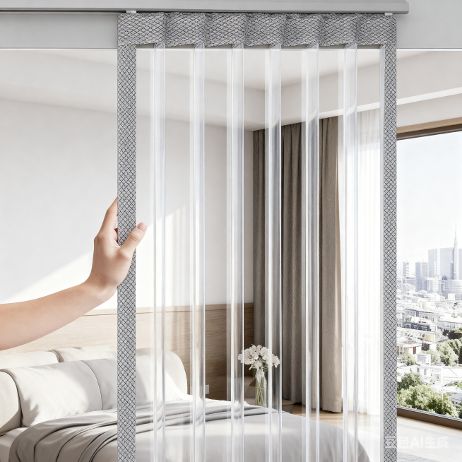 保持原图所有物品、透明薄膜材质、有一定厚度、手推动作、光影、背景等完全不变。仅将门帘的视角从侧面改为完全正面，门帘平面正对镜头，左右边缘对称。手部动作仍为推着门帘，手从画面左侧伸入，手指推在门帘边缘，预览效果